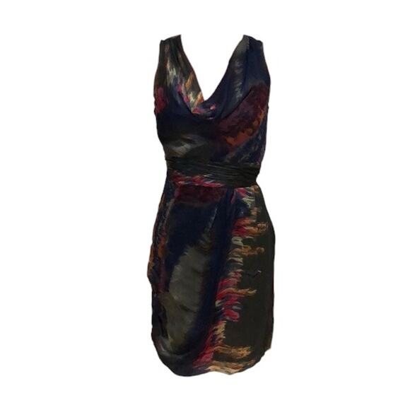 Andrew Marc Size 4 Silk Dress Sleeveless Blue Drape Cowl Neck - Picture 4 of 11